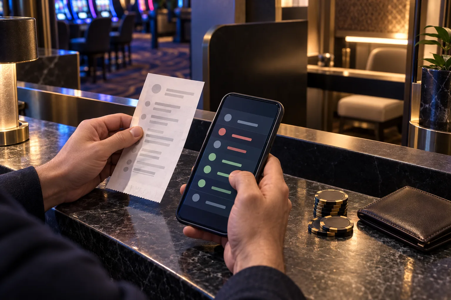 Hands comparing a payment receipt with a generic gaming account ledger displayed on a phone