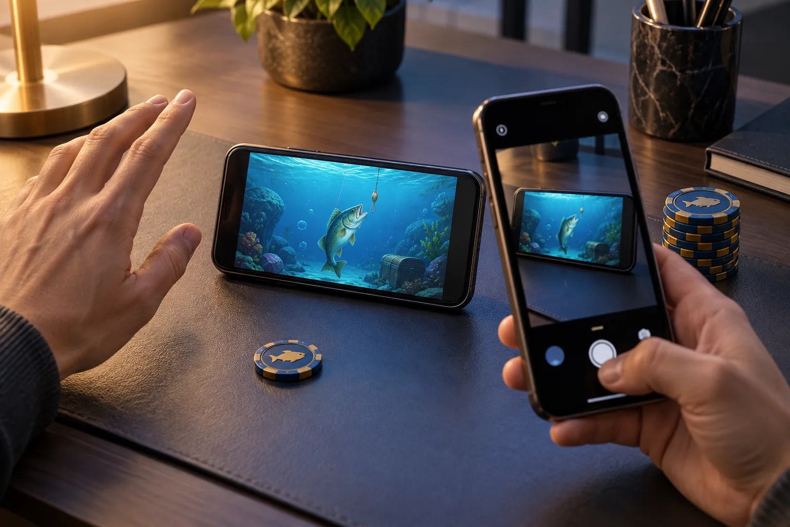 Player lifting a hand from a phone while recording an unresolved Fishing Game screen