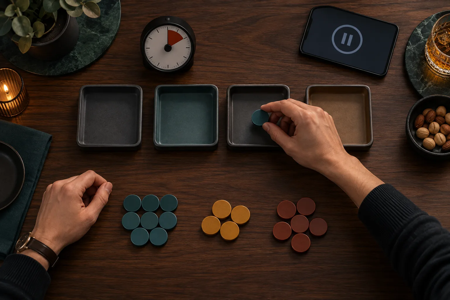 Hands sorting gaming tokens into separate session and reserve budget groups